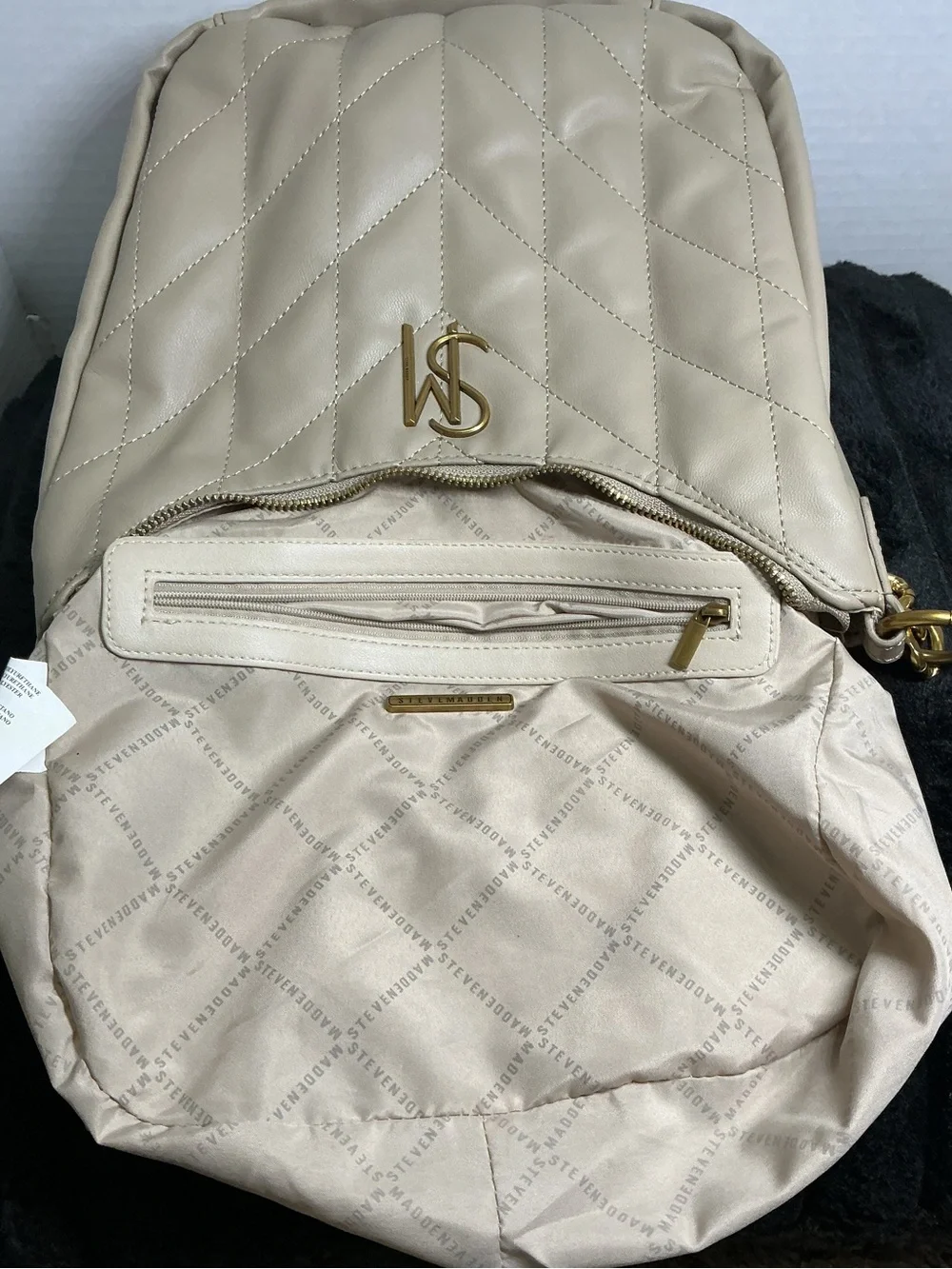Steve Madden Timeless Taupe Quilted Shoulder Bag Tan/Cream Gold Chain EUC